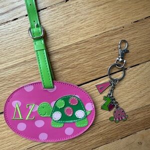 Delta Zeta Pink and Green Polka Dot Luggage Tag with Keychain